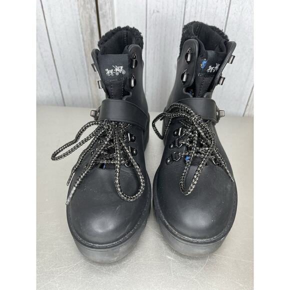 Coach Urban Hiker Women Boots Rubber Rain Boot Shearling Size 6 Black W/ Charm - Picture 2 of 6